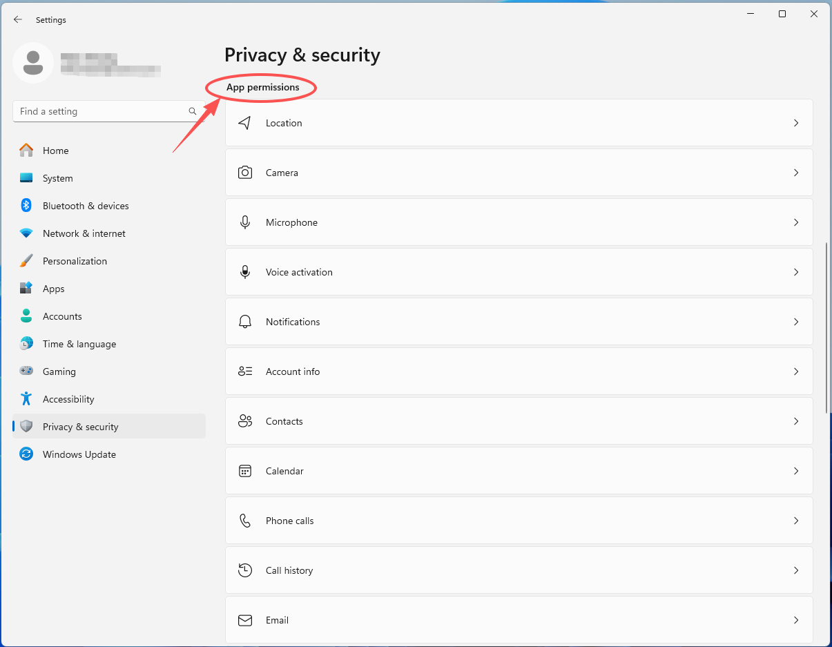 The Privacy and security page of Settings with the circled App permission section.