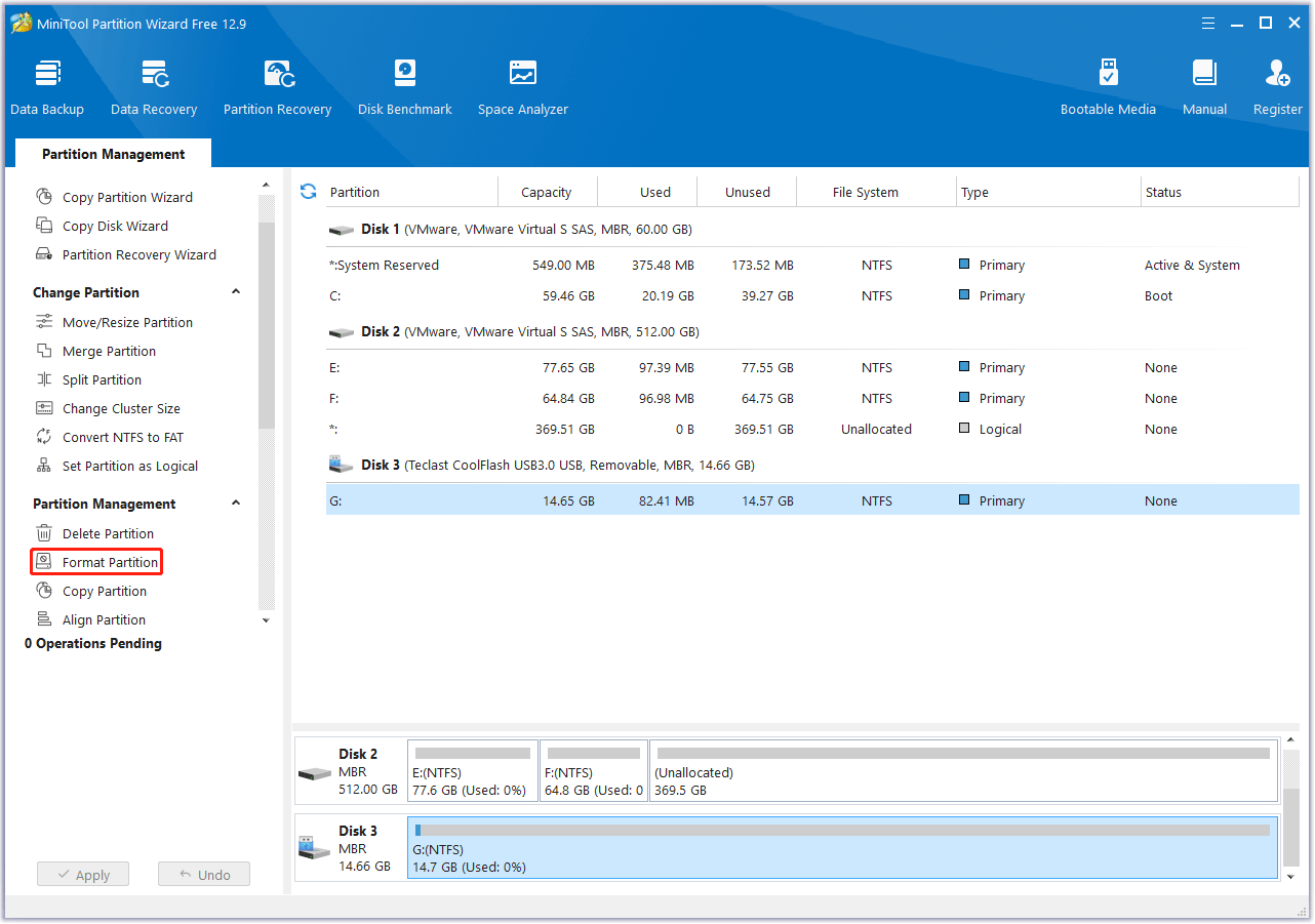 Seleziona l'opzione "Formatta partizione" in MiniTool Partition Wizard