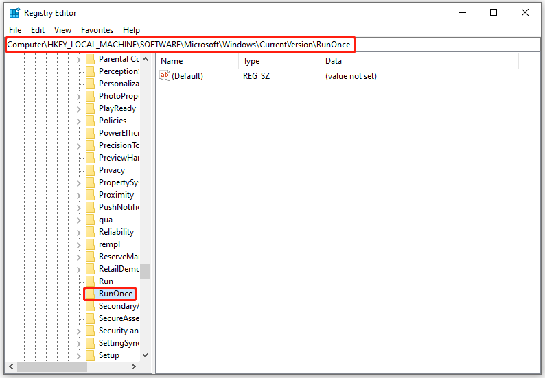 Trova la chiave RunOnce nell'Editor del Registro di sistema