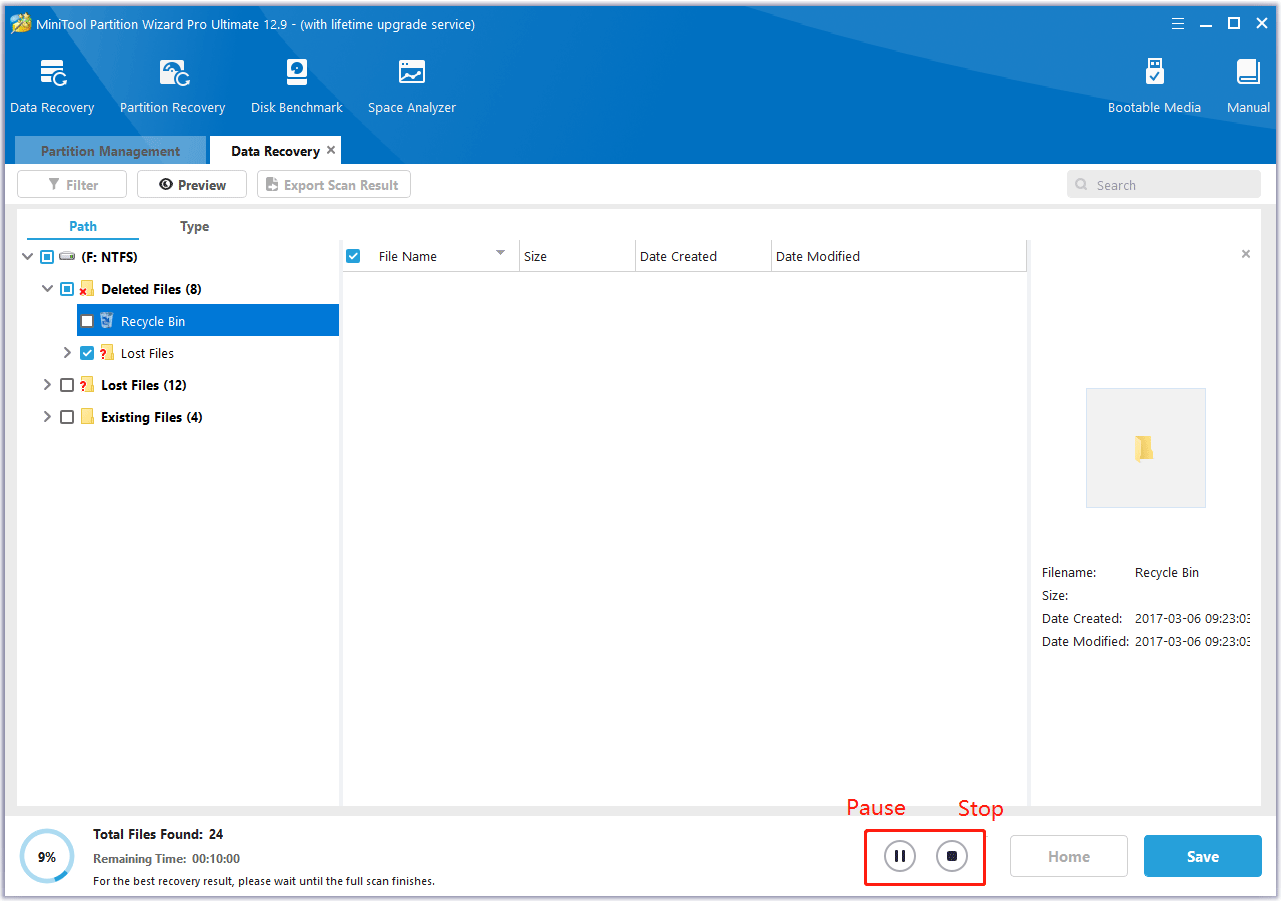 Clicca sull'icona Pausa o Interrompi per avviare il recupero immediato dei dati in MiniTool Partition Wizard