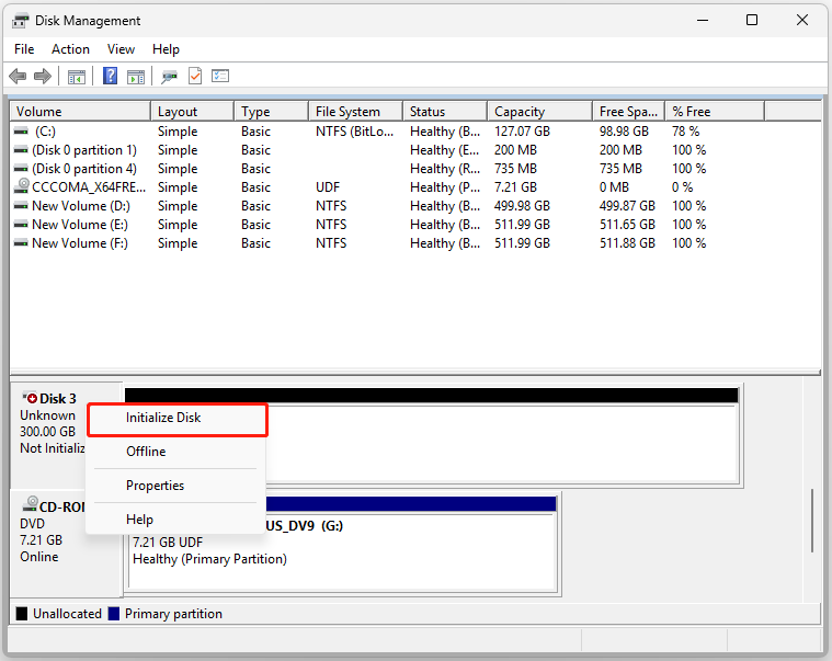 The interface of Disk Management with selected Initialize Disk.