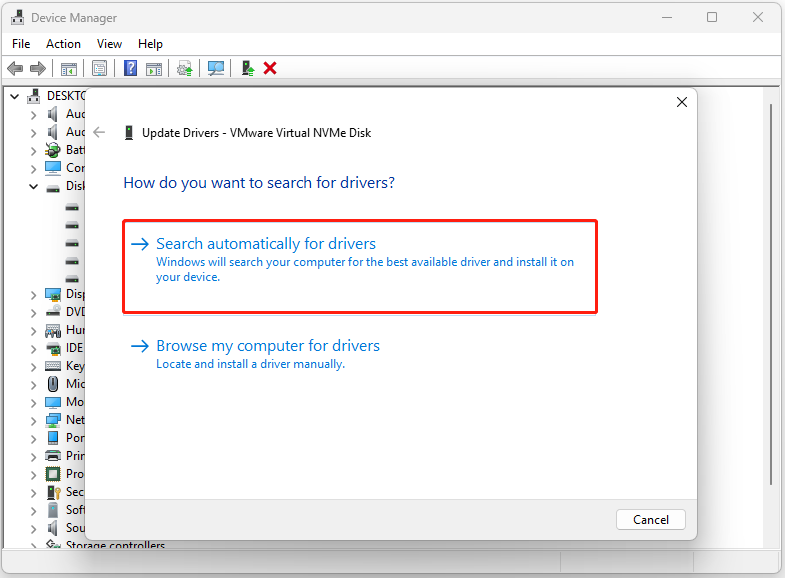 The Update Drivers window of Device Manager with selected Search automatically for drivers.