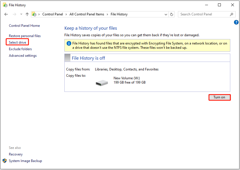 File History interface with the Select drive and Turn on options highlighted.