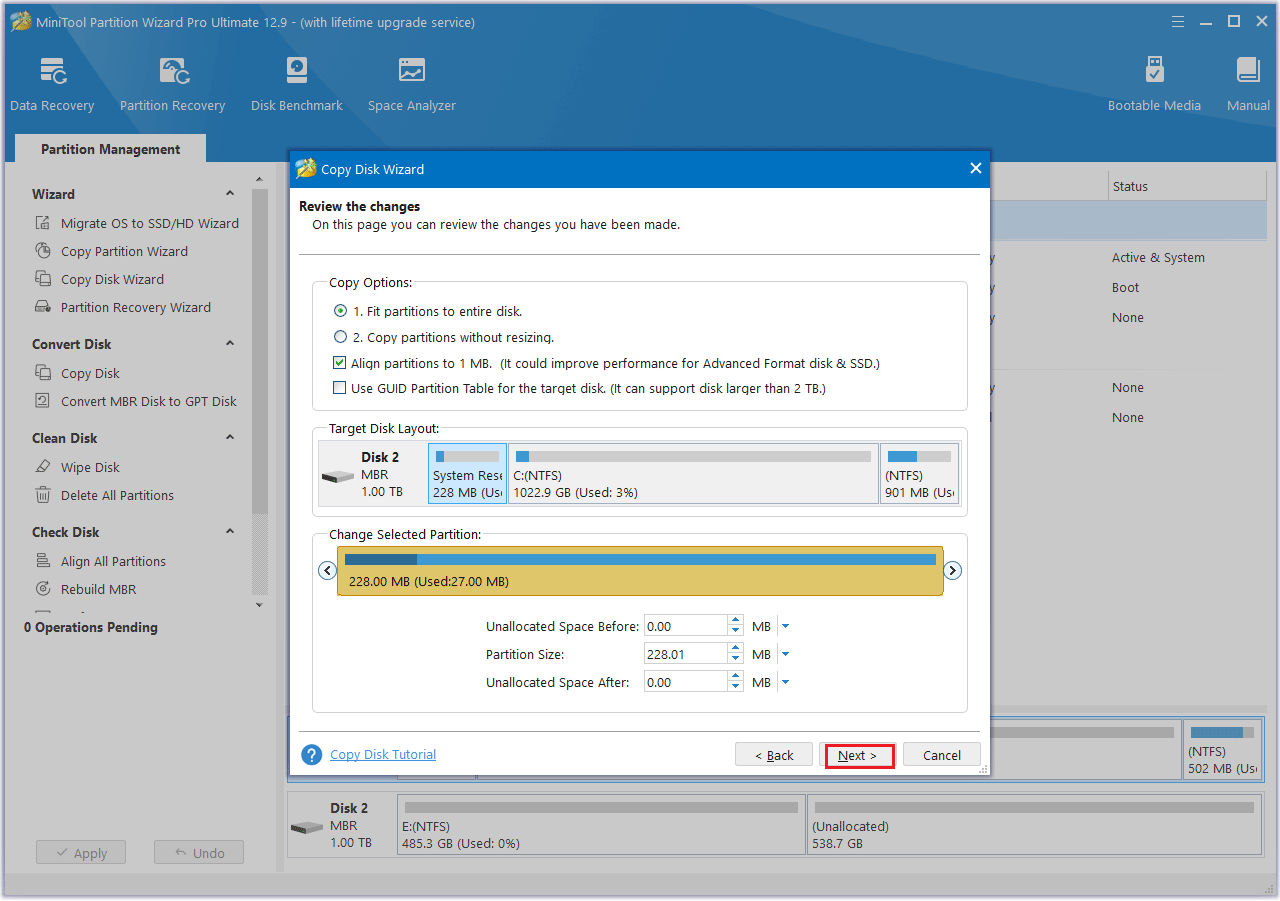 scegli un'opzione di copia in MiniTool Partition Wizard