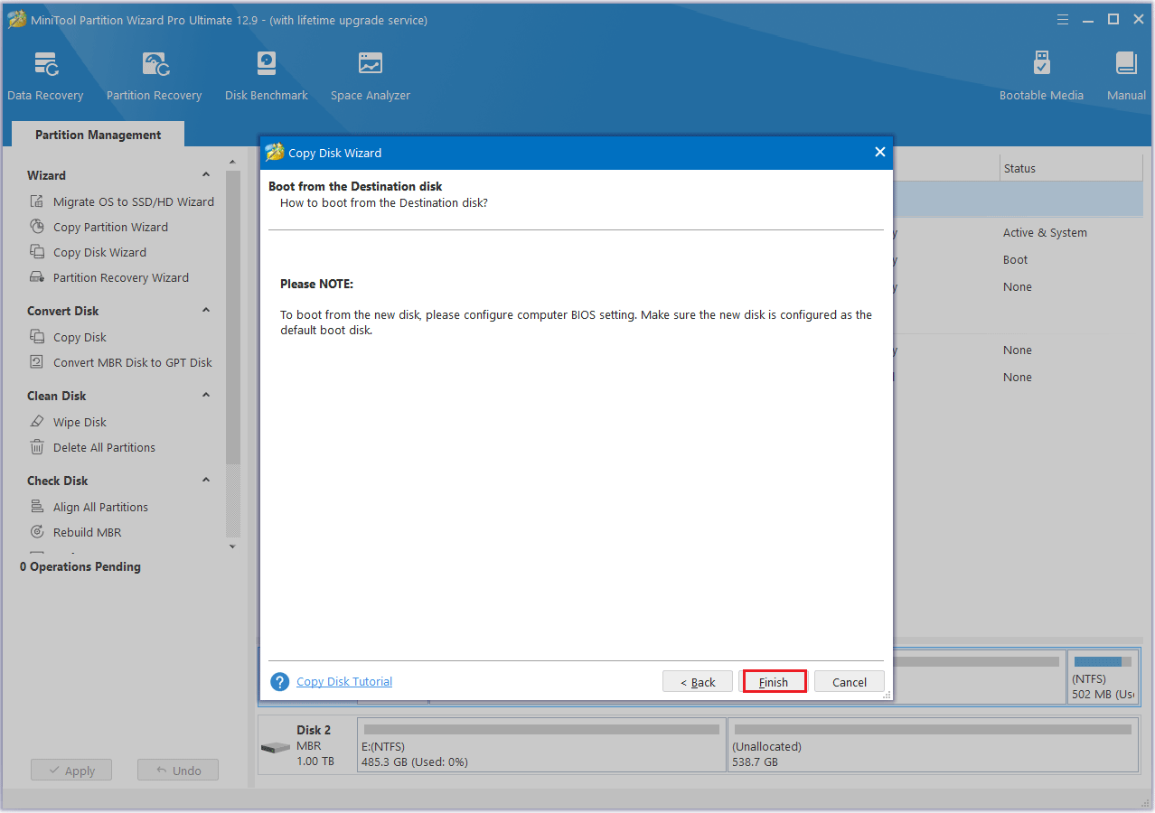 Fare clic su Fine in MiniTool Partition Wizard