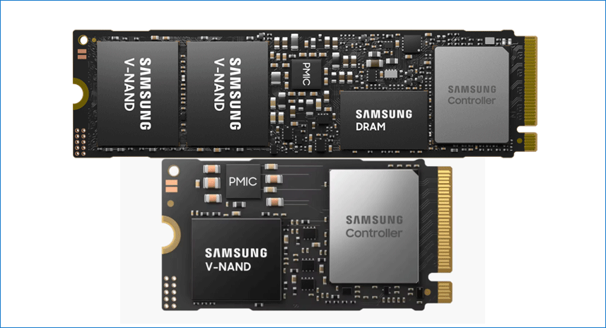Samsung PM9E1 M.2 2242 and 2280 PCIe Gen5 SSDs displayed vertically for size comparison.