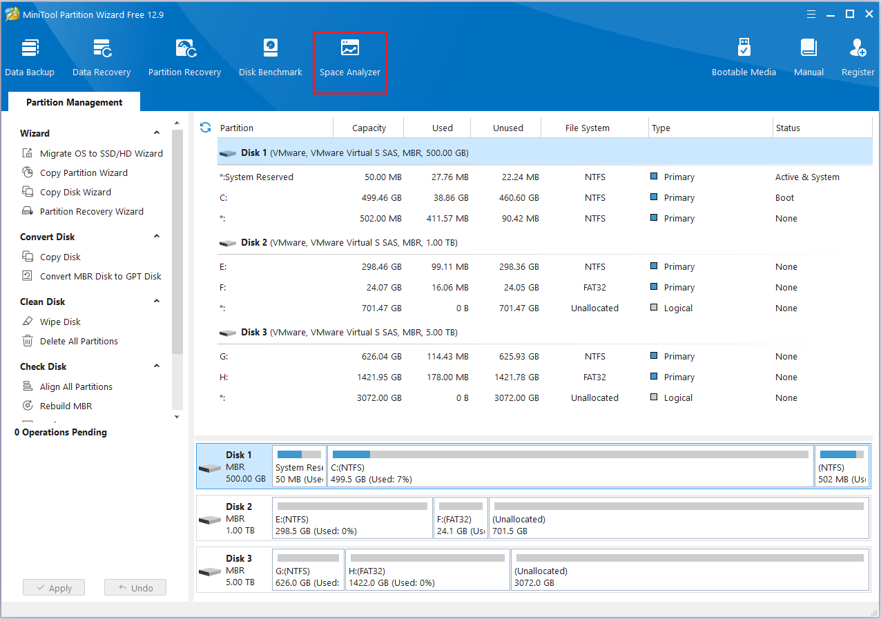 Fare clic su Analizzatore spazio in MiniTool Partition Wizard