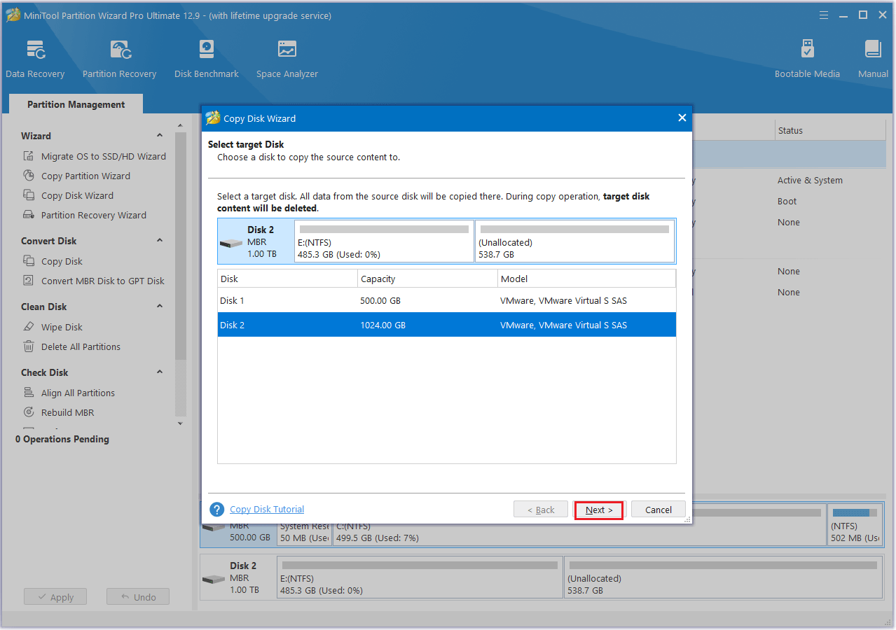 Seleziona un disco di destinazione in MiniTool Partition Wizard