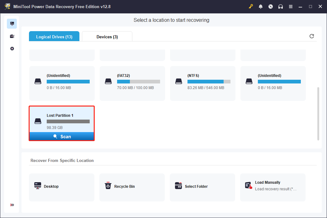 MiniTool Power Data Recovery main interface with a lost partition selected and the Scan icon highlighted.