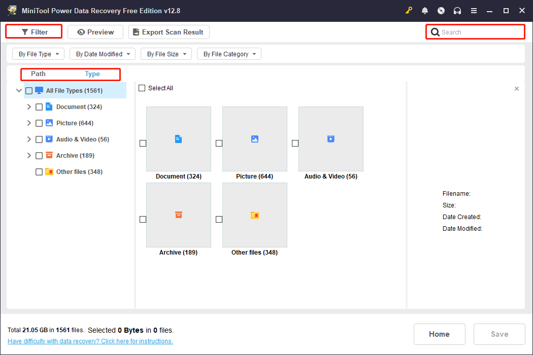 MiniTool Power Data Recovery scan results page showing all files under Type with Path, Type, Filter, and Search selected.
