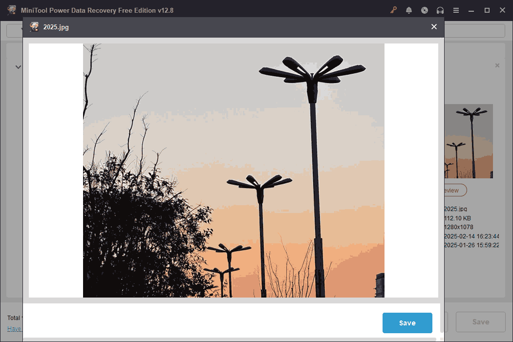 An image showing some street lamps and trees at dusk embedded in the MiniTool Power Data Recovery interface.