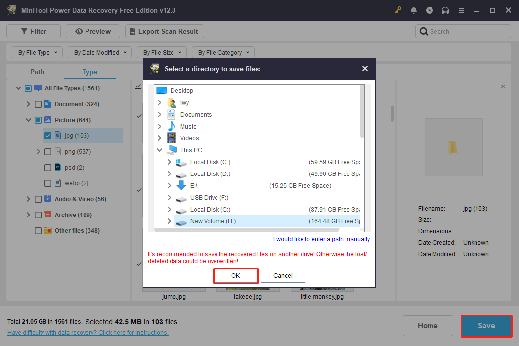 MiniTool Power Data Recovery interface showing all paths with a target one selected, and the Save button selected.