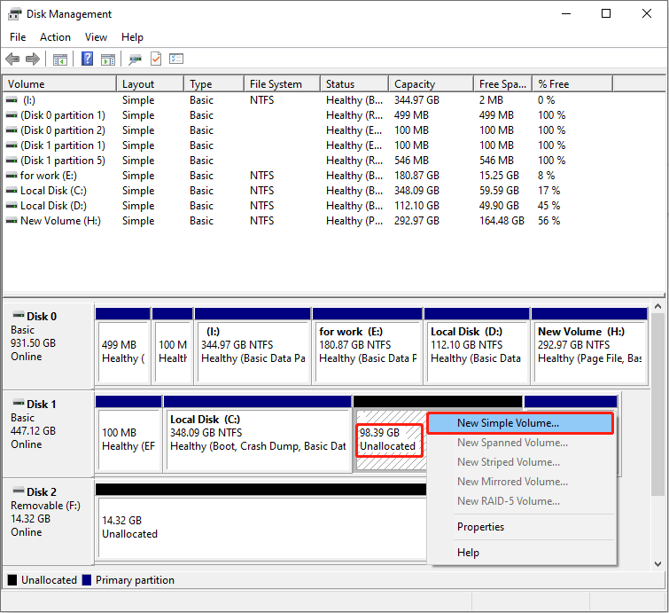 The Disk Management window with the Unallocated space selected and the New Simple Volume option highlighted.