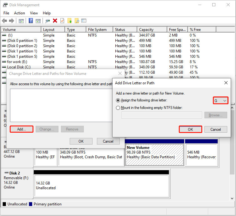 The Change Drive Letter and Paths box embedded in the Disk Management window to add a drive letter to SSD.