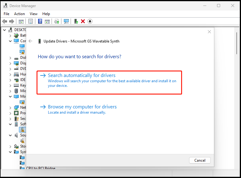 The interface of Device Manager with selected Search automatically for drivers.