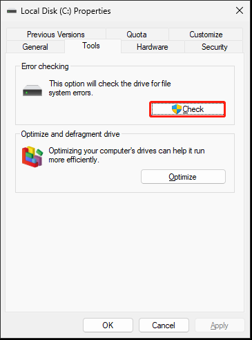The interface of Local Disk (C:) Properties and selected Check.