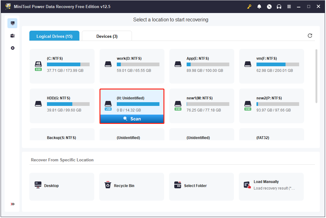 Digitalize a unidade RAW no MiniTool Power Data Recovery
