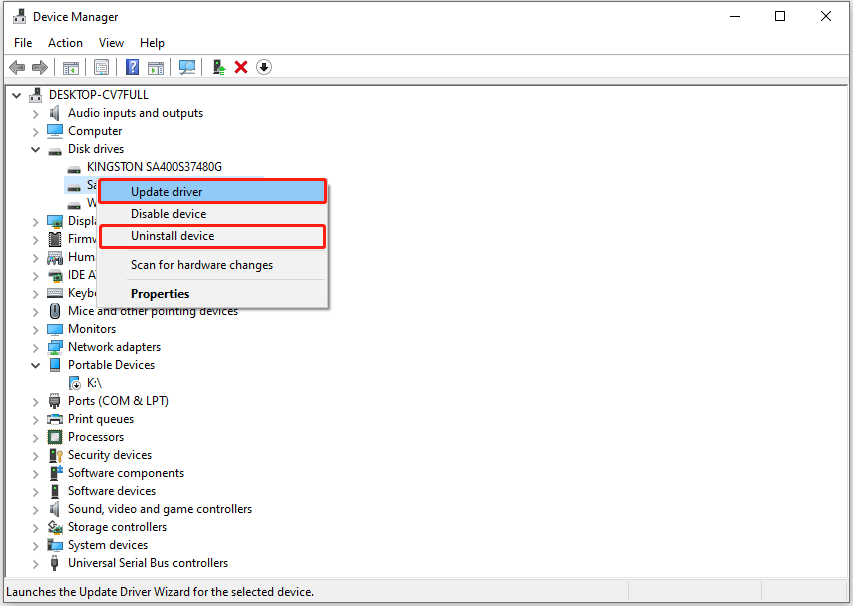 Atualize ou desinstale o controlador do disco no Gestor de Dispositivos