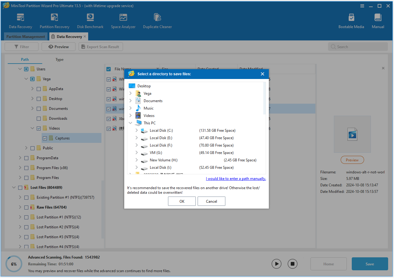 The MiniTool Partition Wizard interface showing the location to store the recovered files.