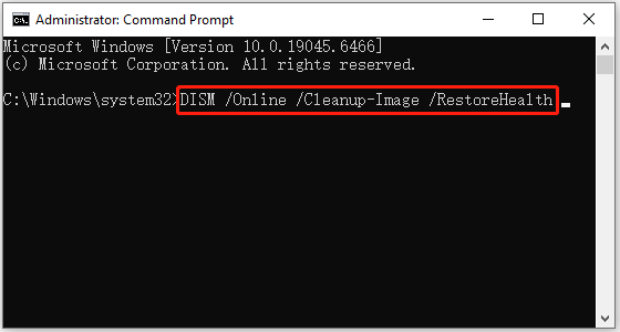 The Command Prompt interface with the DISM Online Cleanup Image RestoreHealth command.