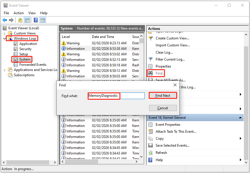 The Event Viewer window with the process of checking the memory test results.