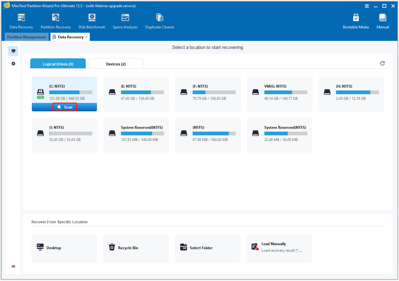 The target drive selected to be scanned in MiniTool Partition Wizard.
