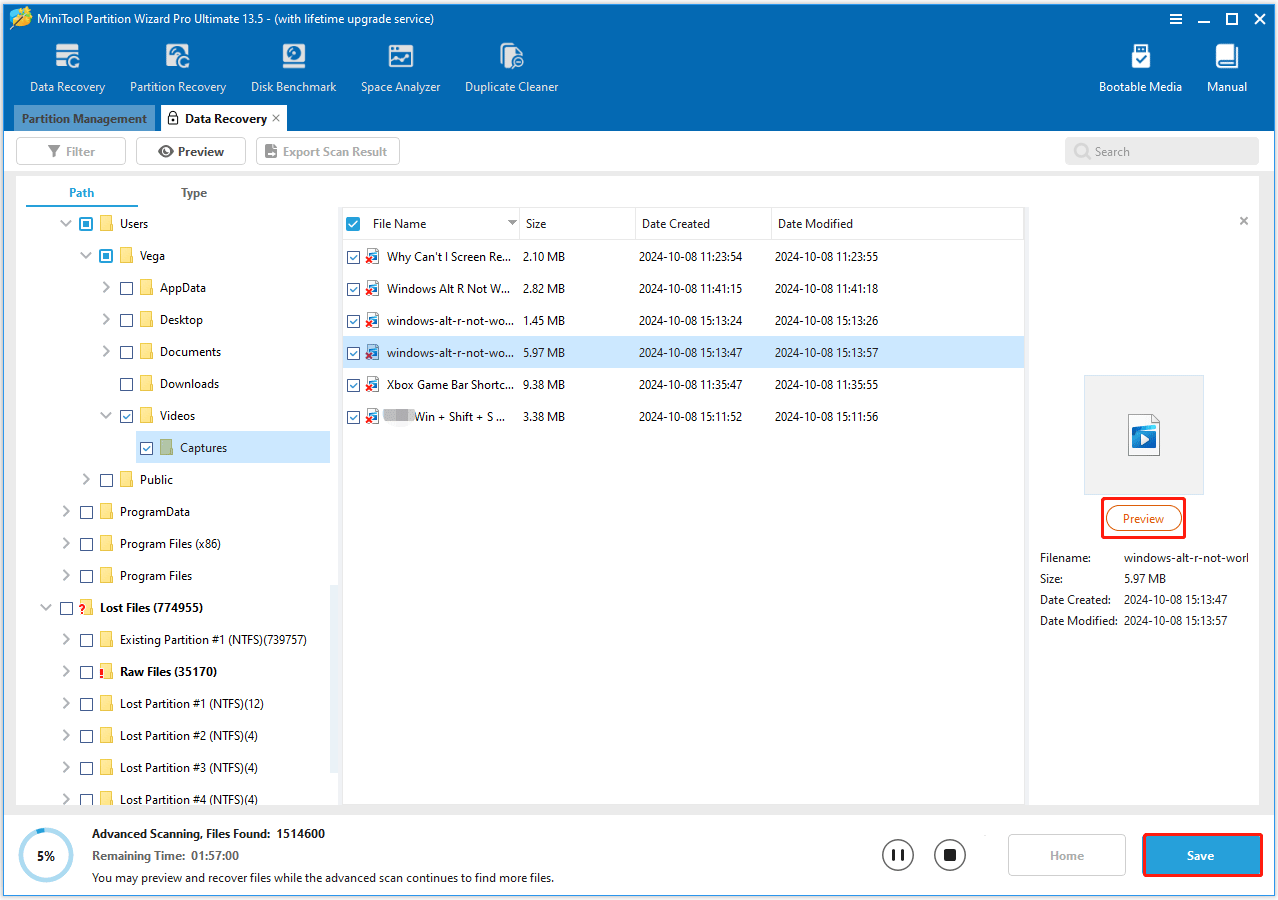 The Preview and Save option selected to preview and save the lost files in MiniTool Partition Wizard.