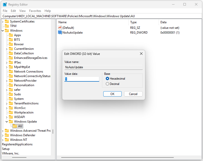 The interface of Registry Editor with highlighted NoAutoUpdate and its editing window.