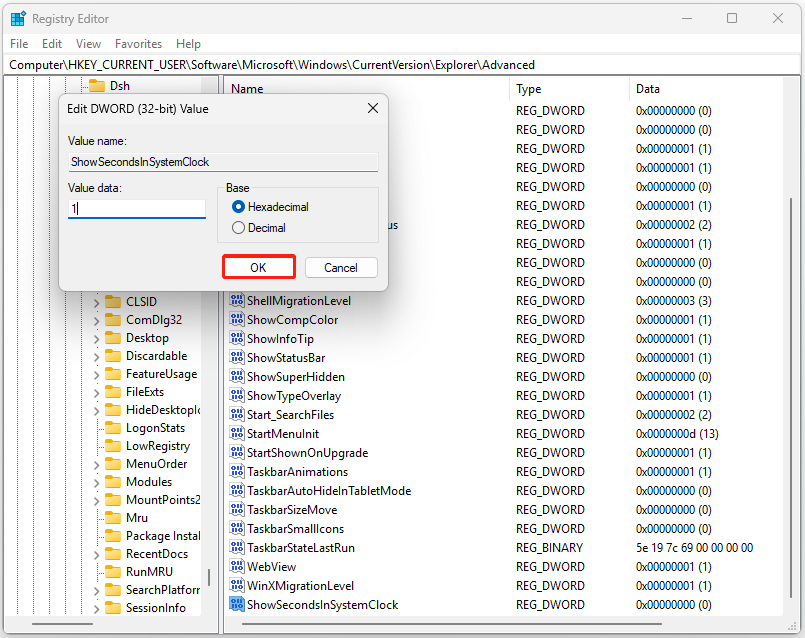 The Edit DWORD (32-bit) Value window of ShowSecondsInSystemClock with 1 for Value data and selected OK.