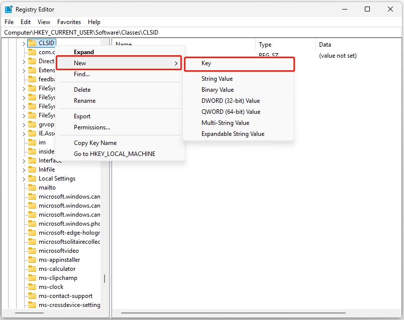 The interface of Registry Editor with highlighted CLSID and selected New and Key.