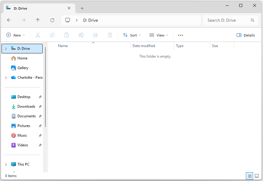 The interface of File Explorer with highlighted D: Drive at the top of the Navigation pane.