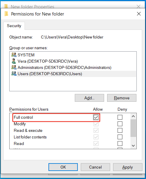সম্পূর্ণ নিয়ন্ত্রণ সহ ফোল্ডারের অনুমতি উইন্ডো নির্বাচন করা হয়েছে।
