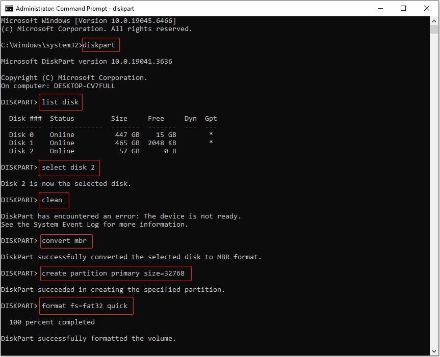 Command Prompt window with the diskpart commands executing to clean and partition the disk 2.