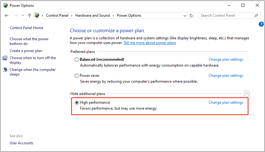 The Power Options interface in Control Panel showing the power plans, with the High performance option selected.