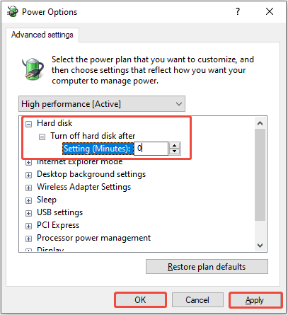 The Power Options interface showing the advanced power settings, with Turn off hard disk after, Apply, and OK selected.