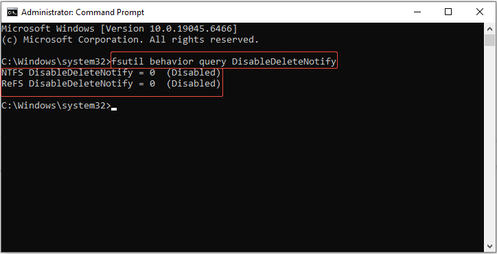 The Command Prompt interface showing the TRIM command running, with fsutil behavior query DisableDeleteNotify selected.