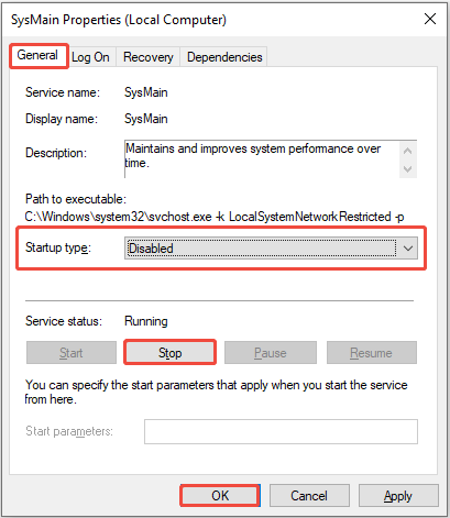 The SysMain Properties interface showing the General tab, with Startup type, Disabled, and Stop highlighted.