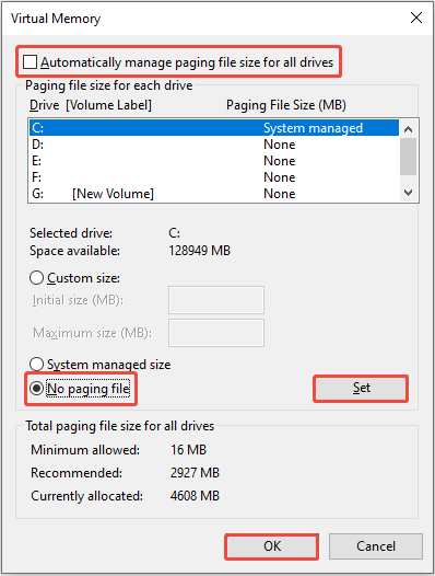 The Virtual Memory interface with Automatically manage paging file size for all drives, No paging file, Set, and OK selected.
