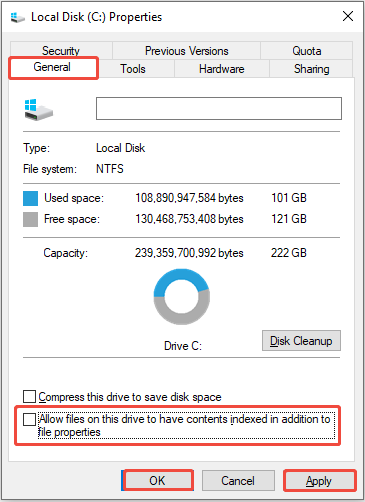 The Disk Properties window showing the General tab, with Allow files on this drive to have contents indexed and OK selected.