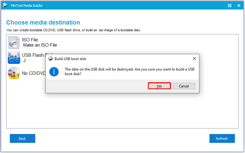 The Build USB boot disk window of MiniTool Media Builder with selected Yes.