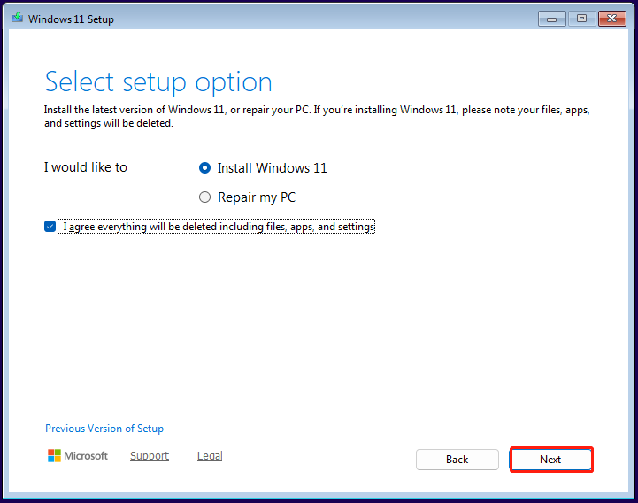 Screenshot of Windows 11 Setup showing the Install Windows 11 setup option.