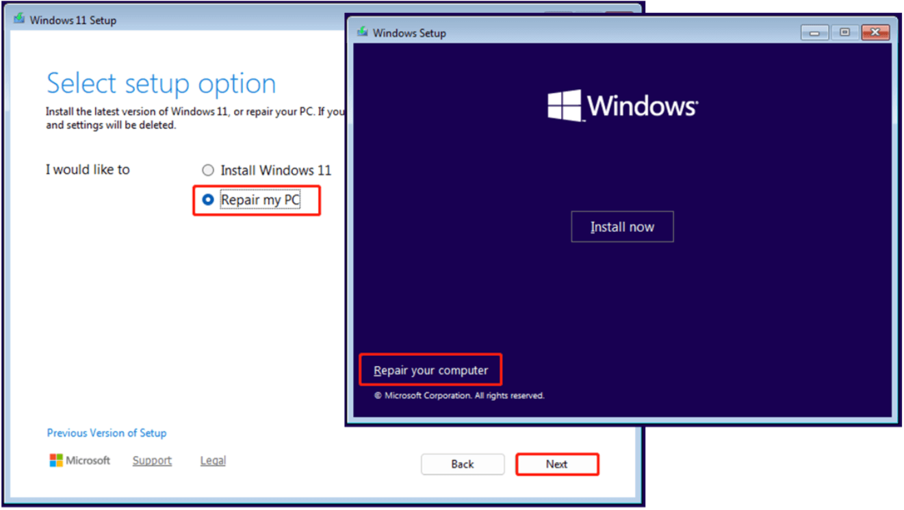 The screenshots of Windows 11 Setup and Windows 10 Setup with selected Repair my PC, Next, and Repair your computer.