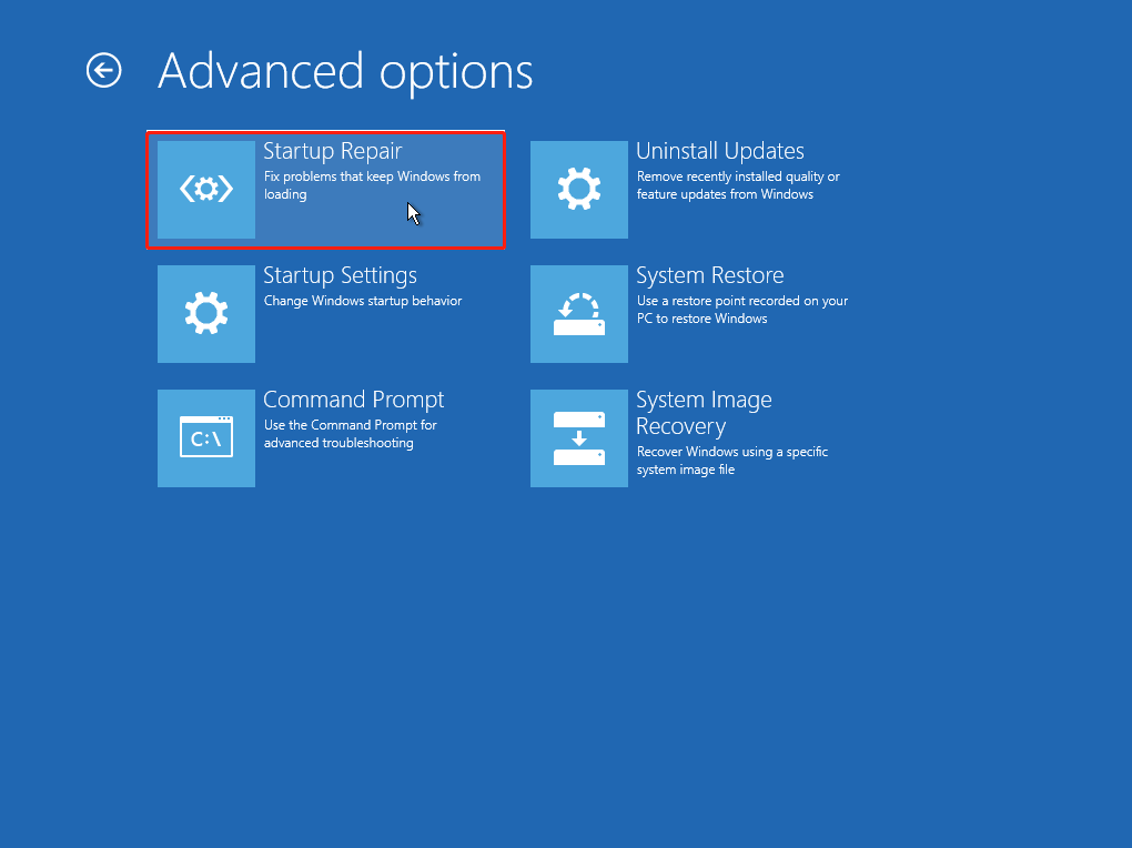 The Advanced options page in WinRE with selected Startup Repair.