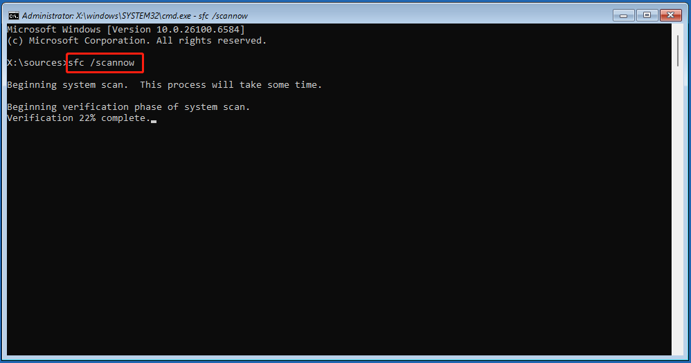 The Command Prompt window in WinRE with selected SFC command.