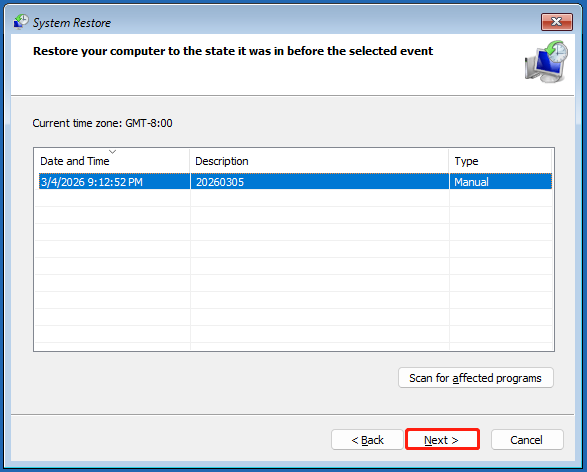 The interface of System Restore with select Next.