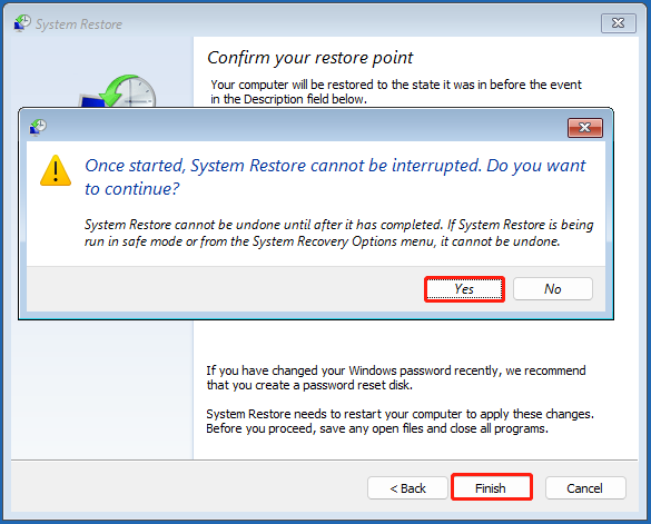 The interface of System Restore with selected Finish and Yes.
