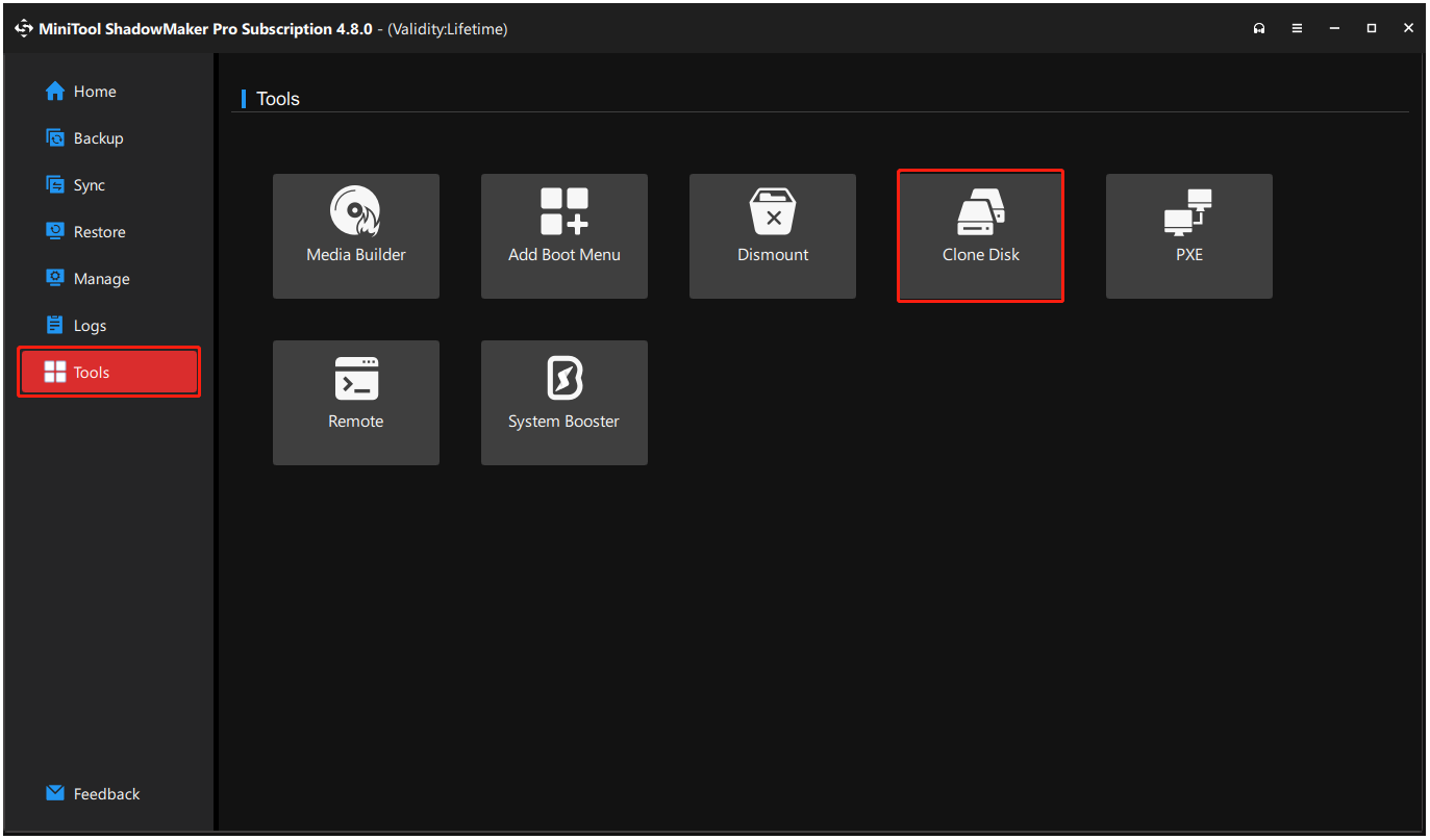 The interface of MiniTool ShadowMaker with selected Tools and Clone Disk.