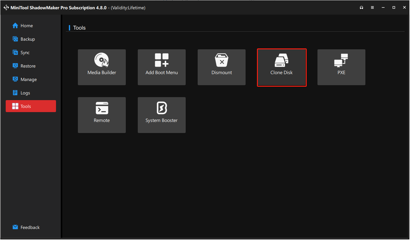 The interface of MiniTool ShadowMaker with selected Clone Disk.