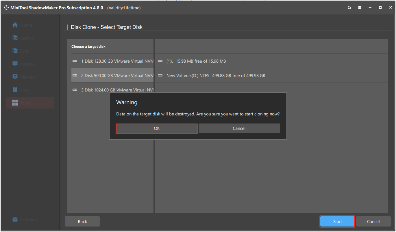 The interface of MiniTool ShadowMaker with selected Start and OK.