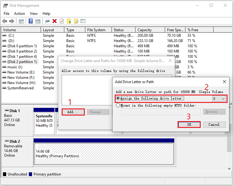 Interface de gestion des disques avec fenêtres contextuelles permettant d'ajouter une lettre de lecteur pour la partition de la carte SD.